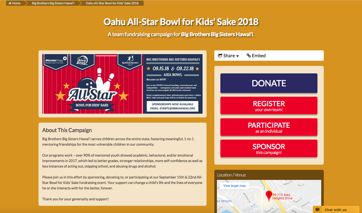 Example of a nonprofit campaign page to diversify funding: Oahu All-Star Bowl for Kids' Sake 2018