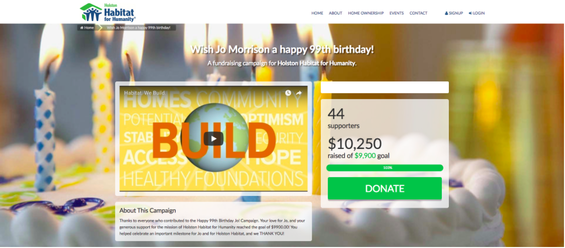 Example of a nonprofit third-party campaign page to diversity funding: Wish Jo Morrison a happy 99th birthday