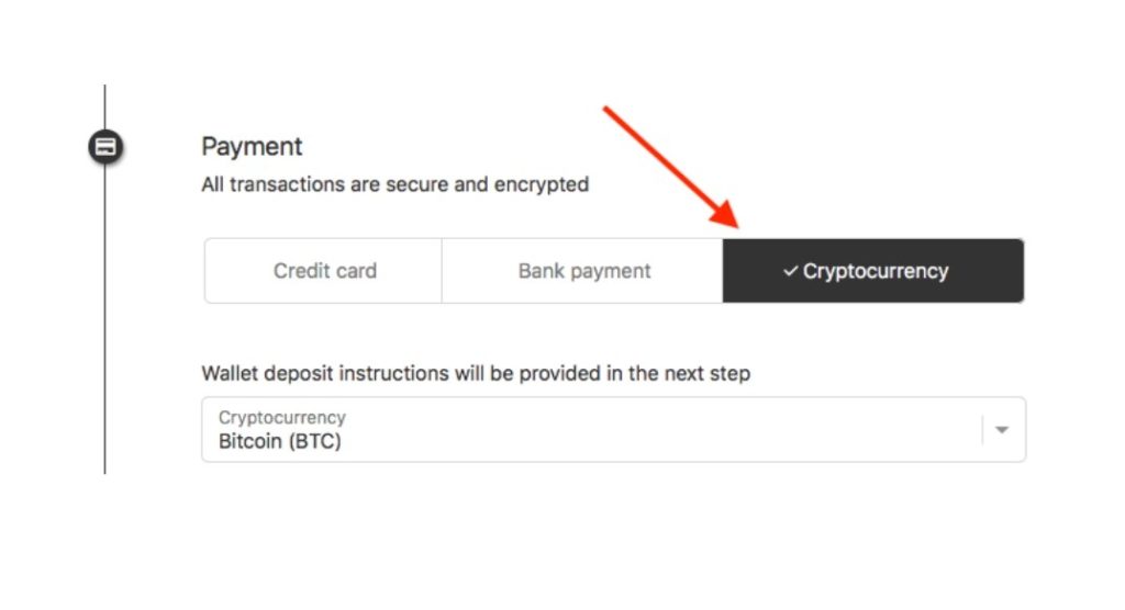 Image of an online giving campaign checkout form with cryptocurrency selected as the form of payment